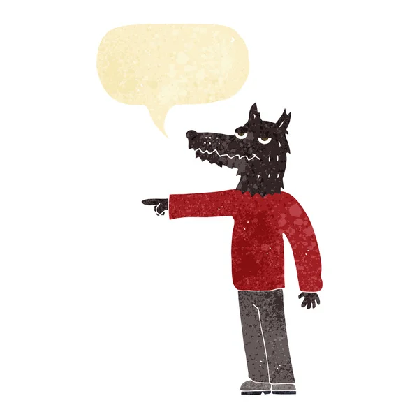 Cartoon wolf man pointing with speech bubble — Stock Vector