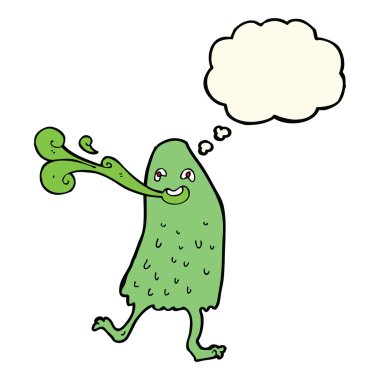 Düşünce baloncuklu komik balçık canavarı.