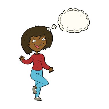 Düşünce baloncuğu olan gülen kadın.