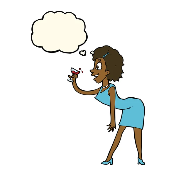 Cartoon vrouw met drinken met gedachte zeepbel — Stockvector