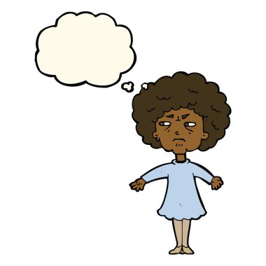 Düşünce baloncuğu olan huysuz yaşlı kadın.