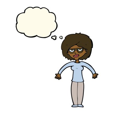 Çizgi filmdeki kadın düşünce balonuyla omuz silkiyor.