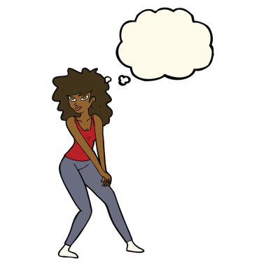 Düşünce baloncuğuyla poz veren çizgi film kadını