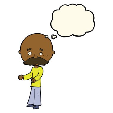 Düşünce baloncuklu bıyıklı çizgi film adamı.