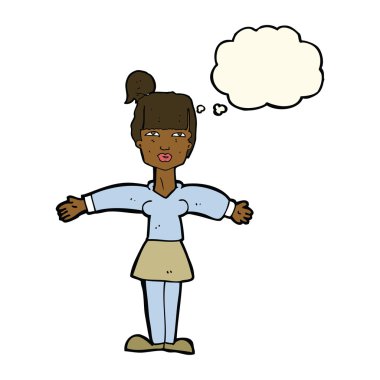 Çizgi filmdeki kadın düşünce balonuyla omuz silkiyor.