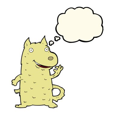 Düşünce baloncuklu mutlu bir köpek.