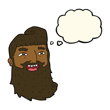 Düşünce baloncuğuyla gülen sakallı adam.