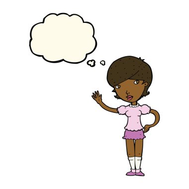 Çizgi film kızı düşünce balonuyla el sallıyor.