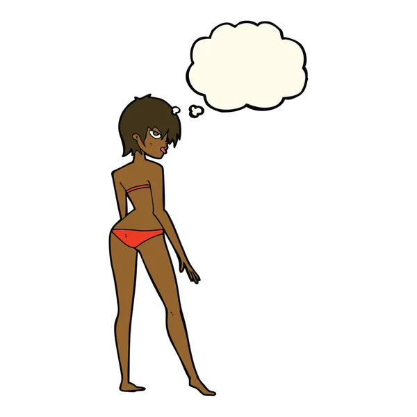 Tecknade kvinnan i bikini med tankebubbla — Stock vektor