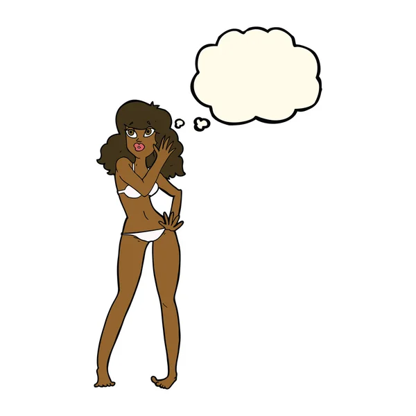 Dibujos animados mujer bonita en bikini con burbuja de pensamiento — Vector de stock