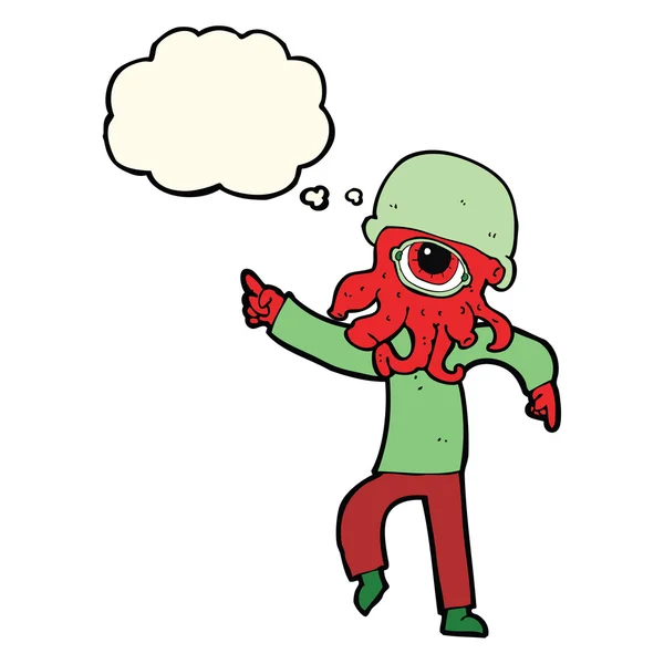 Cartone animato uomo alieno ballare con bolla di pensiero — Vettoriale Stock