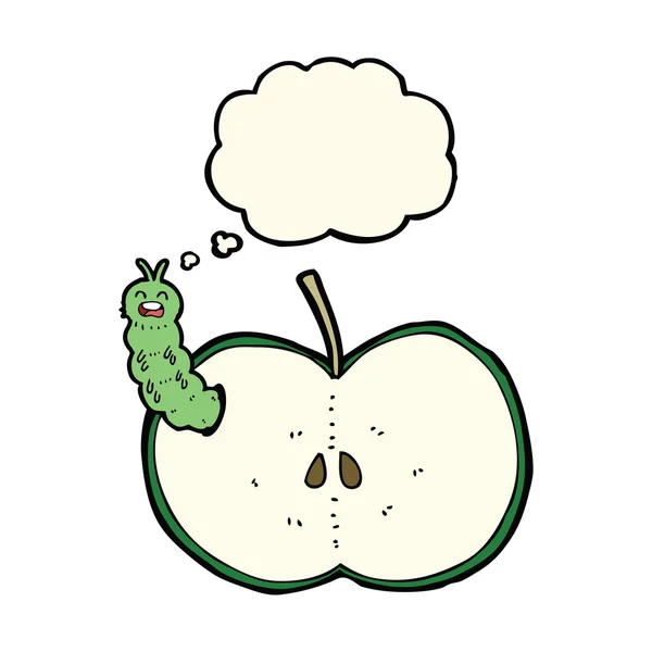 Cartoon bug eating apple with thought bubble — Stock Vector