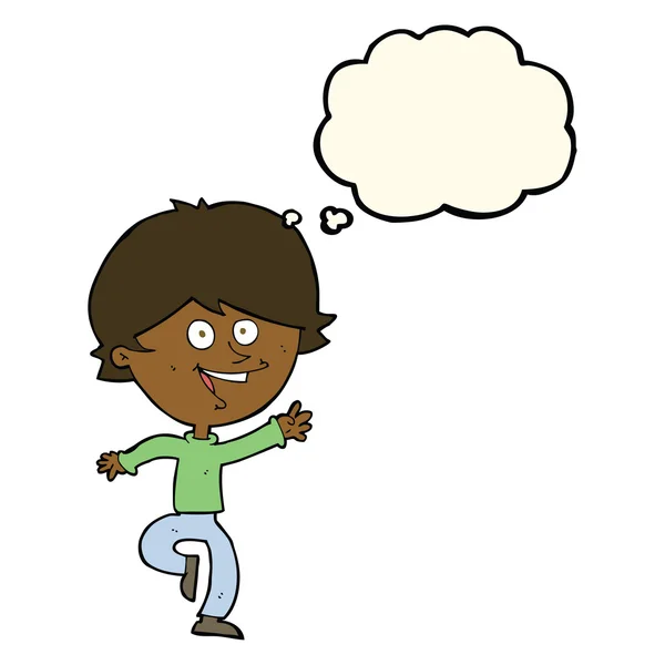 Dibujos animados niño saludando feliz con burbuja de pensamiento — Archivo Imágenes Vectoriales