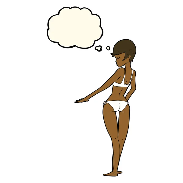 Mujer de dibujos animados en bikini con burbuja de pensamiento — Vector de stock