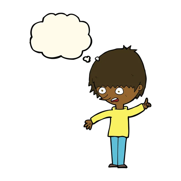 Cartoon jongen met vraag met gedachte zeepbel — Stockvector