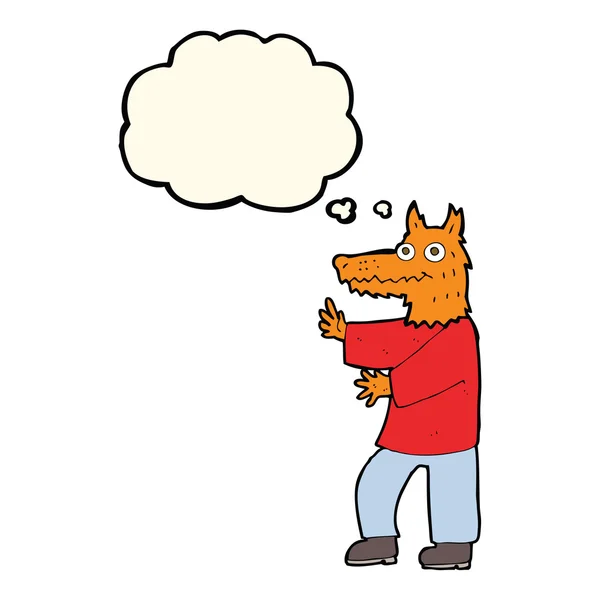Dibujos animados hombre zorro divertido con burbuja de pensamiento — Vector de stock