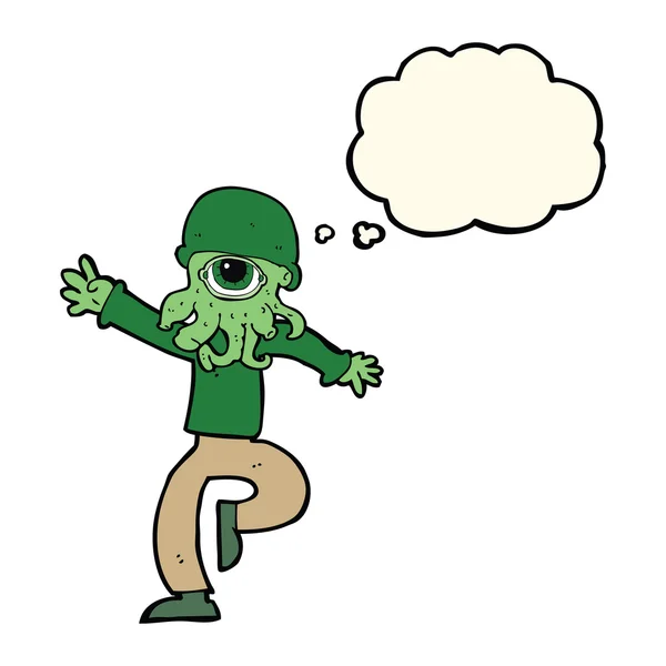 Cartone animato uomo mostro alieno con bolla di pensiero — Vettoriale Stock