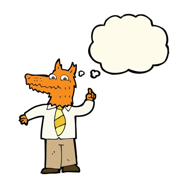 Cartoon Business Fuchs mit Idee mit Gedankenblase — Stockvektor
