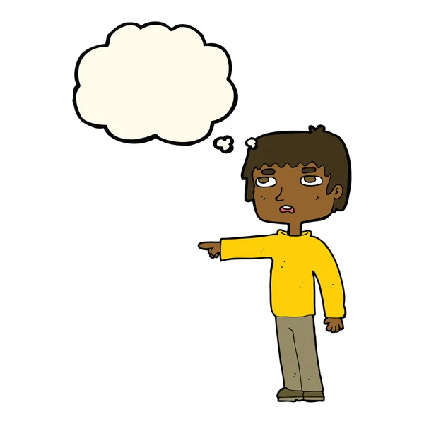 Cartoon jongen wijzend met gedachte zeepbel — Stockvector