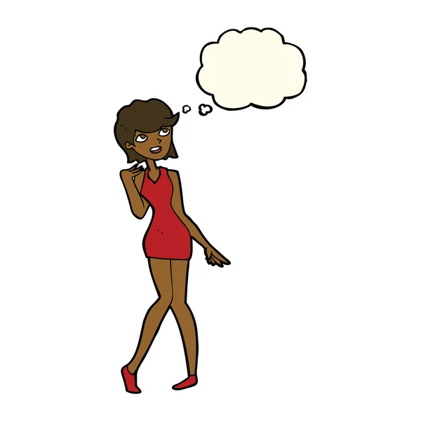 Γυναίκα κινουμένων σχεδίων στο φόρεμα κοκτέιλ με σκέψη φούσκα — Διανυσματικό Αρχείο