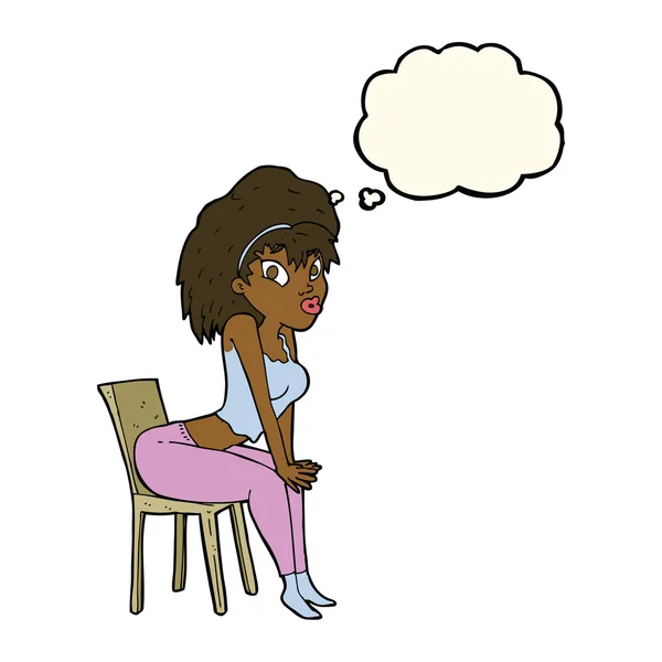 Femme dessin animé posant sur chaise avec bulle de pensée — Image vectorielle