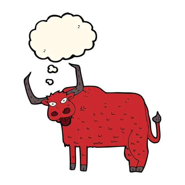 Cartone animato mucca pelosa con bolla di pensiero — Vettoriale Stock
