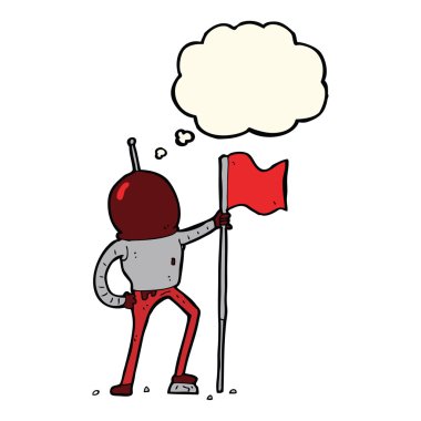 Karikatür astronotu düşünce baloncuklu bayrak dikiyor