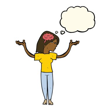 Düşünce baloncuğu olan zeki bir kadın.