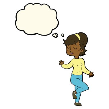 Düşünce baloncuğu olan dans eden kadın.