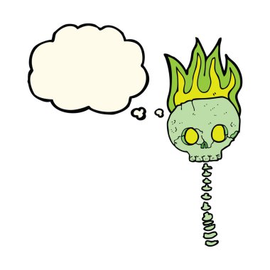 Düşünce baloncuklu ürkütücü kafatası ve omurga.