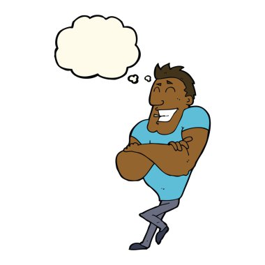 Düşünce baloncuğu olan kaslı adam.