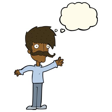 Düşünce baloncuğu olan bıyıklı adam.