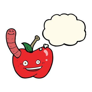 Düşünce baloncuklu solucanlı çizgi film elması