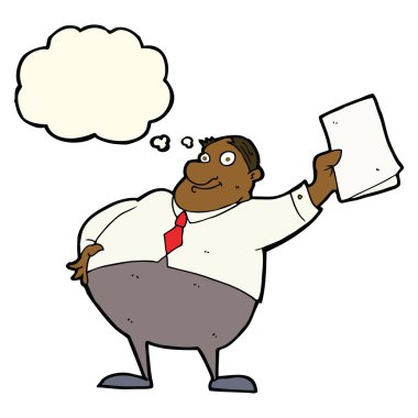 Çizgi film patronu düşünce balonuyla kağıtları sallıyor.