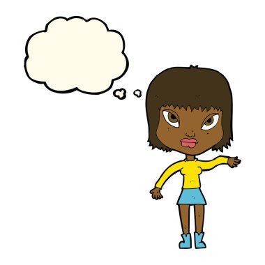 Çizgi film kadını düşünce balonuyla jest yapıyor.