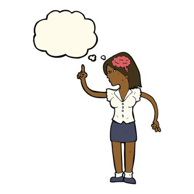 Düşünce baloncuğu olan zeki bir fikri olan karikatür kadın.