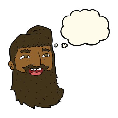 Düşünce baloncuğuyla gülen sakallı çizgi film adamı.