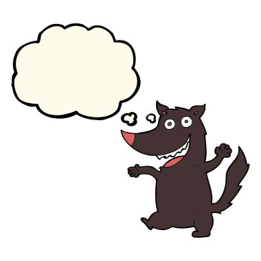 Düşünce baloncuğu olan mutlu bir kurt.