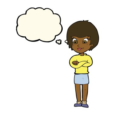 Düşünce baloncuğu olan gururlu bir kadın.