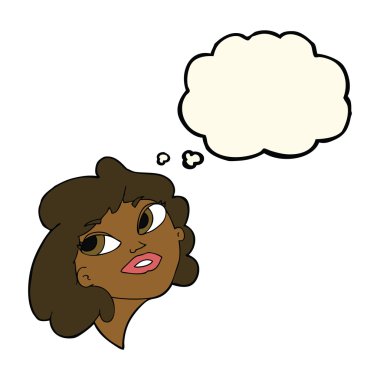 Düşünce baloncuğu olan mutlu çizgi film kadını