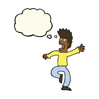 Düşünce baloncuğu olan korkmuş bir adam.