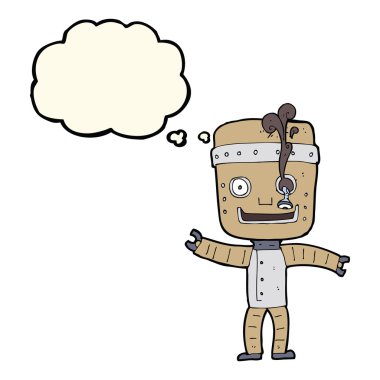 Düşünce baloncuklu komik yaşlı robot.