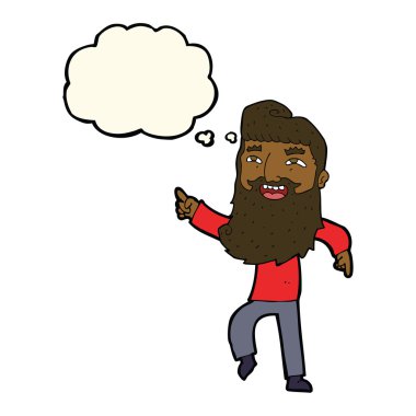 Çizgi filmdeki sakallı adam gülüyor ve düşünce balonuyla işaret ediyor.