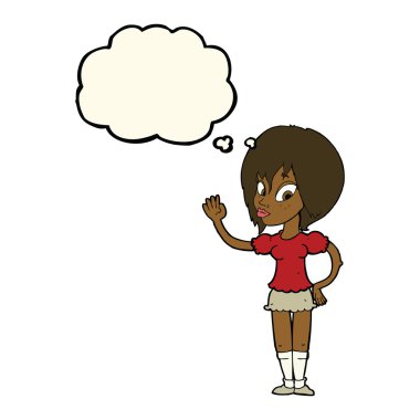 Düşünce baloncuğuyla el sallayan güzel kadın.