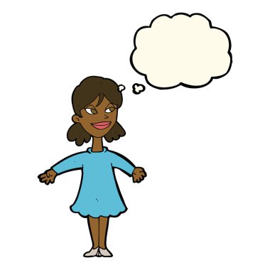 Düşünce baloncuğuyla kollarını açmış çizgi film kadını.