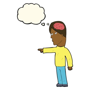 Düşünce baloncuğuyla işaret eden zeki adam.