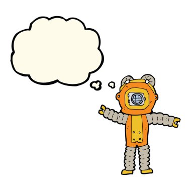 Düşünce baloncuğu ile derin deniz dalgıcı çizgi filmi