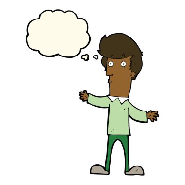 Düşünce baloncuğu olan ürkmüş bir adam.