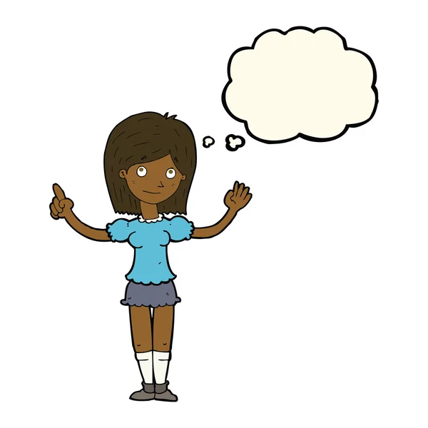 Donna dei cartoni animati spiegando idea con bolla di pensiero — Vettoriale Stock