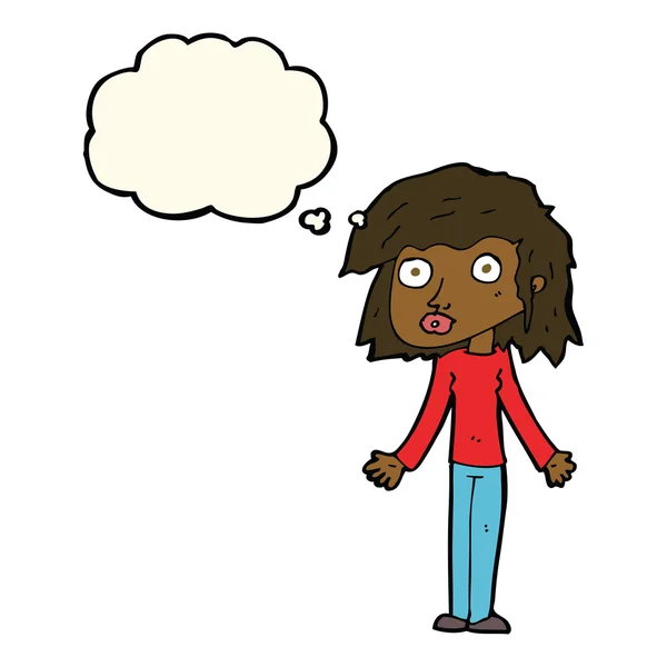 Kreslené dívka pokrčení rameny s myšlenkovou bublinou — Stockový vektor